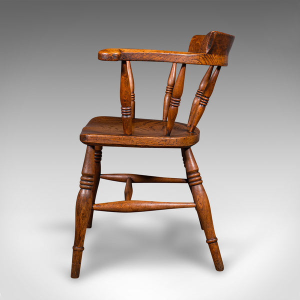 Antique Captain's Desk Chair, English, Elm, Smoker's Bow, Elbow Seat, Victorian