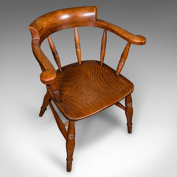 Antique Captain's Desk Chair, English, Elm, Smoker's Bow, Elbow Seat, Victorian