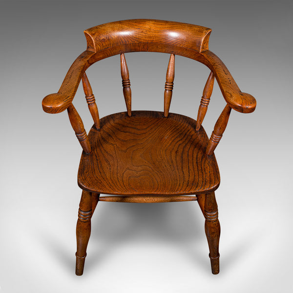 Antique Captain's Desk Chair, English, Elm, Smoker's Bow, Elbow Seat, Victorian