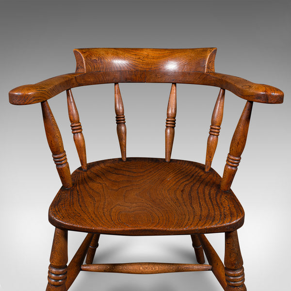 Antique Captain's Desk Chair, English, Elm, Smoker's Bow, Elbow Seat, Victorian
