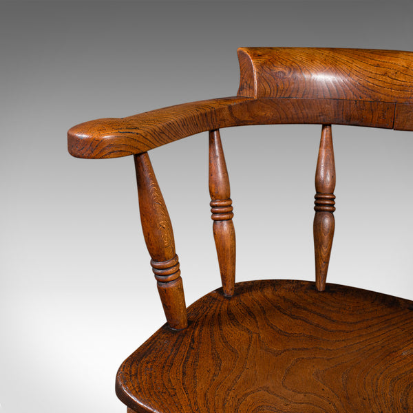 Antique Captain's Desk Chair, English, Elm, Smoker's Bow, Elbow Seat, Victorian