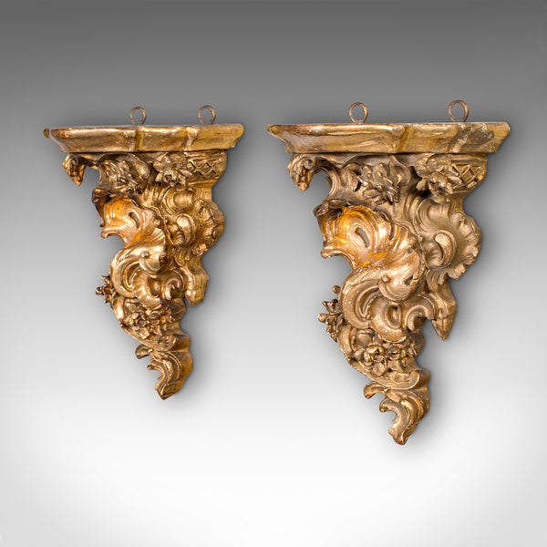 Pair Of Vintage Rococo Revival Ornament Brackets, French, Giltwood, Candle Stand