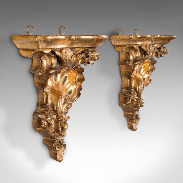 Pair Of Vintage Rococo Revival Ornament Brackets, French, Giltwood, Candle Stand