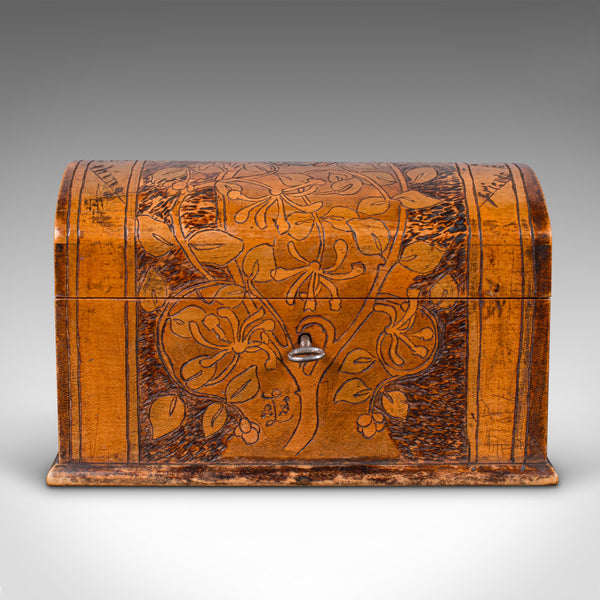Antique Pokerwork Stationery Box, English Desktop Tidy, Arts & Crafts, Victorian