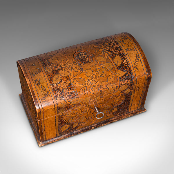 Antique Pokerwork Stationery Box, English Desktop Tidy, Arts & Crafts, Victorian