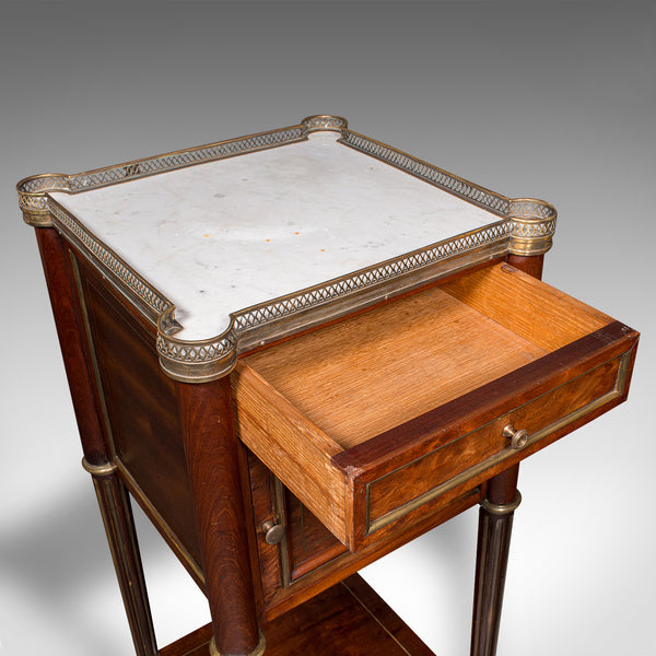 Antique Bedside Table, French, Walnut, Marble, Nightstand, Victorian, Circa 1840