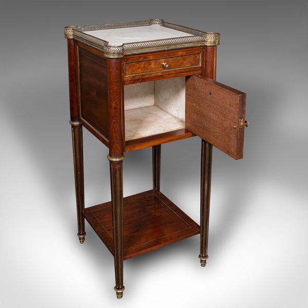 Antique Bedside Table, French, Walnut, Marble, Nightstand, Victorian, Circa 1840