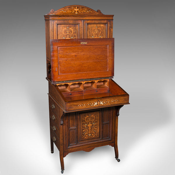 Antique Tall Davenport, English, Walnut, Bureau Cabinet, Victorian, Circa 1860
