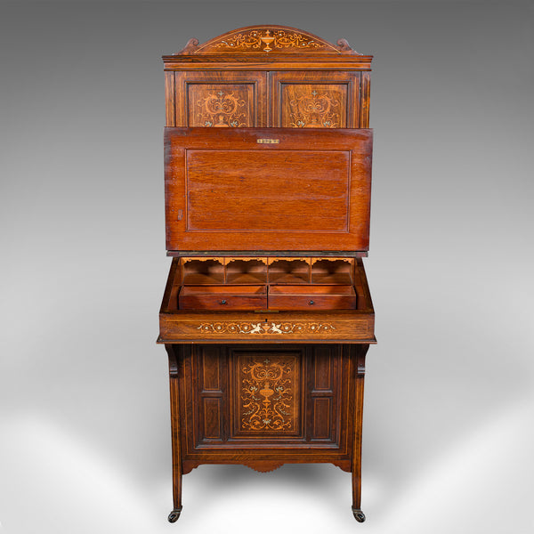 Antique Tall Davenport, English, Walnut, Bureau Cabinet, Victorian, Circa 1860