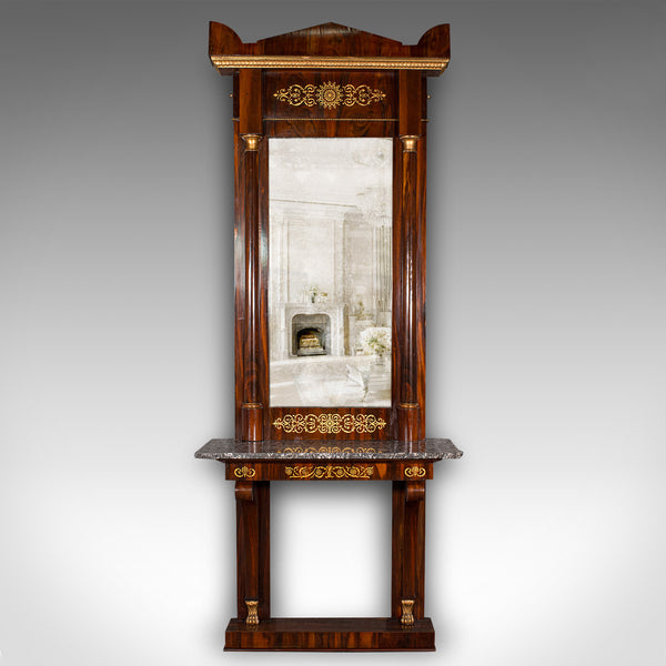 Very Tall 8' Antique Empire Style Mirror, Italian, Walnut, Marble, Victorian