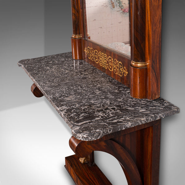 Very Tall 8' Antique Empire Style Mirror, Italian, Walnut, Marble, Victorian