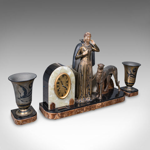 Large Vintage Figural Mantle Clock, French, Onyx, Pair of Garnitures, Art Deco