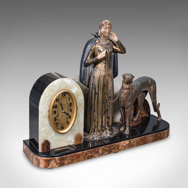 Large Vintage Figural Mantle Clock, French, Onyx, Pair of Garnitures, Art Deco