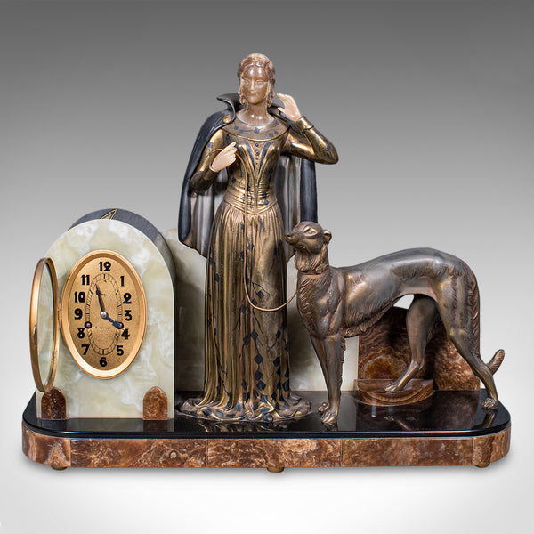 Large Vintage Figural Mantle Clock, French, Onyx, Pair of Garnitures, Art Deco