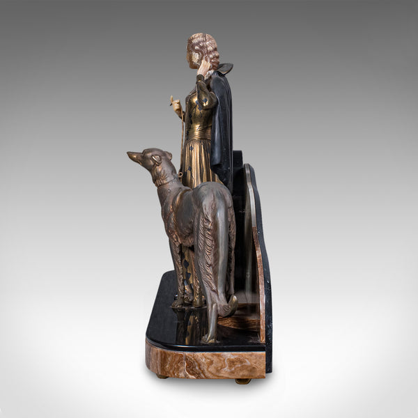 Large Vintage Figural Mantle Clock, French, Onyx, Pair of Garnitures, Art Deco