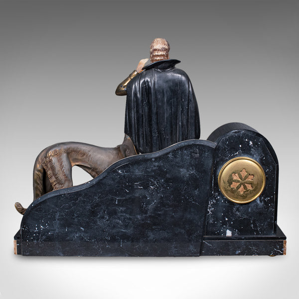 Large Vintage Figural Mantle Clock, French, Onyx, Pair of Garnitures, Art Deco