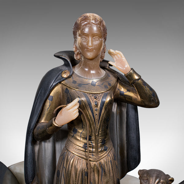 Large Vintage Figural Mantle Clock, French, Onyx, Pair of Garnitures, Art Deco