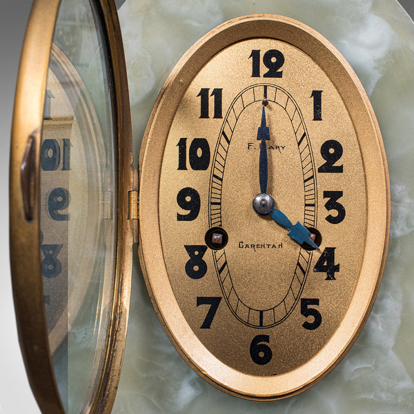 Large Vintage Figural Mantle Clock, French, Onyx, Pair of Garnitures, Art Deco