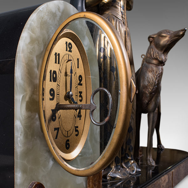 Large Vintage Figural Mantle Clock, French, Onyx, Pair of Garnitures, Art Deco
