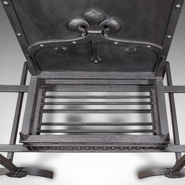 Antique Open Hearth Fireplace, English, Fire Basket, Andirons, Victorian, C.1900