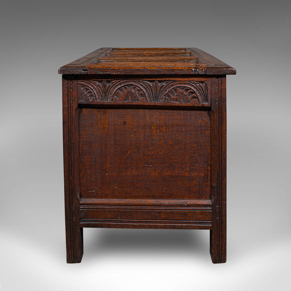 Antique Carved Coffer, English, Oak, Linen Chest, Window Seat, William III, 1700