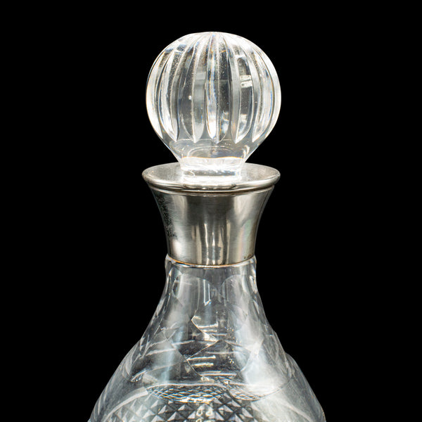 Vintage Port Decanter, English, Cut Glass, Silver, Sherry, Hallmark, Mid Century