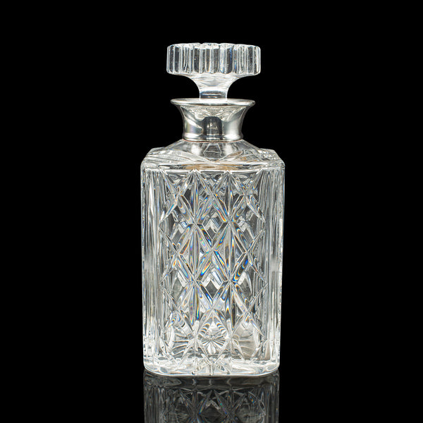Vintage Silver Collared Spirit Decanter, English, Crystal, Whiskey, Hallmarked