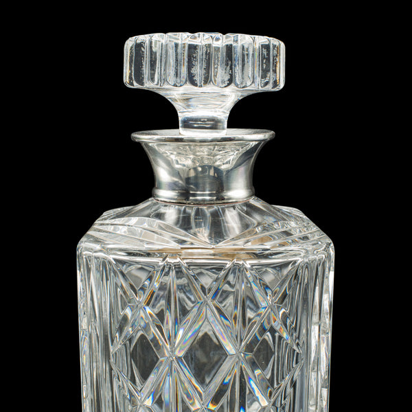 Vintage Silver Collared Spirit Decanter, English, Crystal, Whiskey, Hallmarked