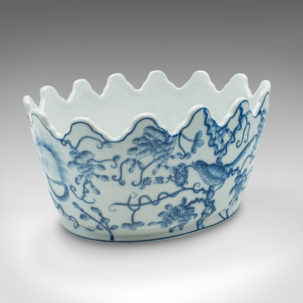 Vintage Oval Blue & White Jardiniere, Chinese, Ceramic, Decorative, Planter Pot