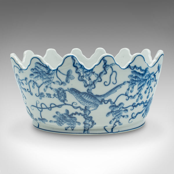 Vintage Oval Blue & White Jardiniere, Chinese, Ceramic, Decorative, Planter Pot