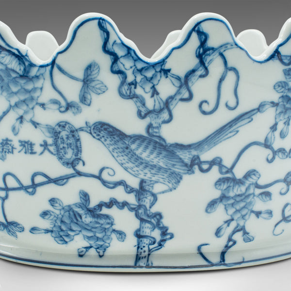 Vintage Oval Blue & White Jardiniere, Chinese, Ceramic, Decorative, Planter Pot