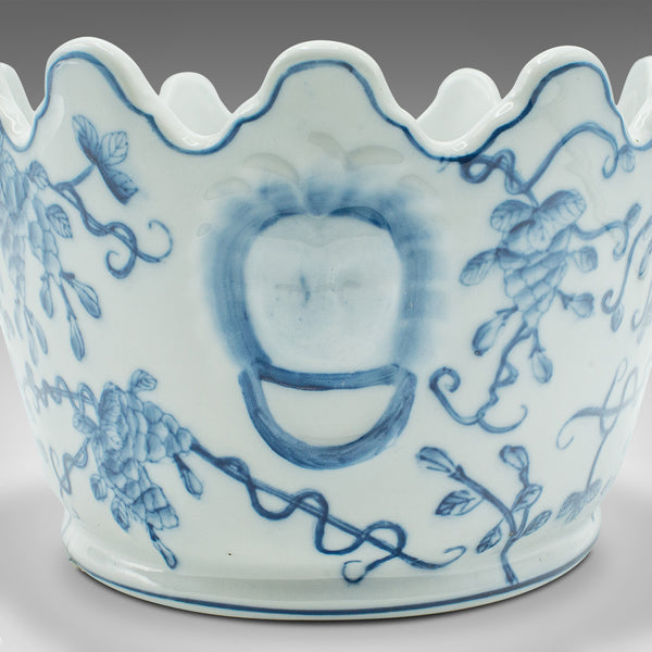 Vintage Oval Blue & White Jardiniere, Chinese, Ceramic, Decorative, Planter Pot