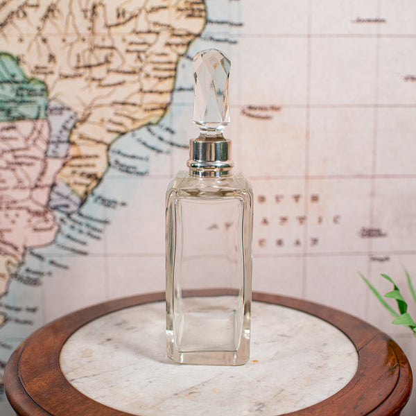 Antique Whiskey Decanter, English Glass Scotch Bottle, Silver Collar, Hallmarked