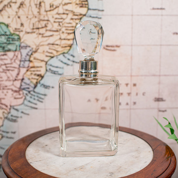 Antique Whiskey Decanter, English Glass Scotch Bottle, Silver Collar, Hallmarked