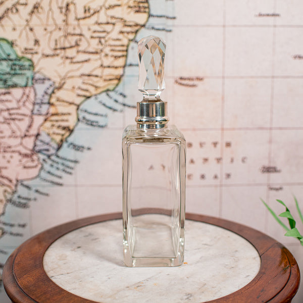 Antique Whiskey Decanter, English Glass Scotch Bottle, Silver Collar, Hallmarked