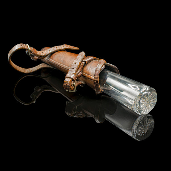 Antique Explorer's Saddle Flask, English, Glass Bottle, Leather Case, Edwardian