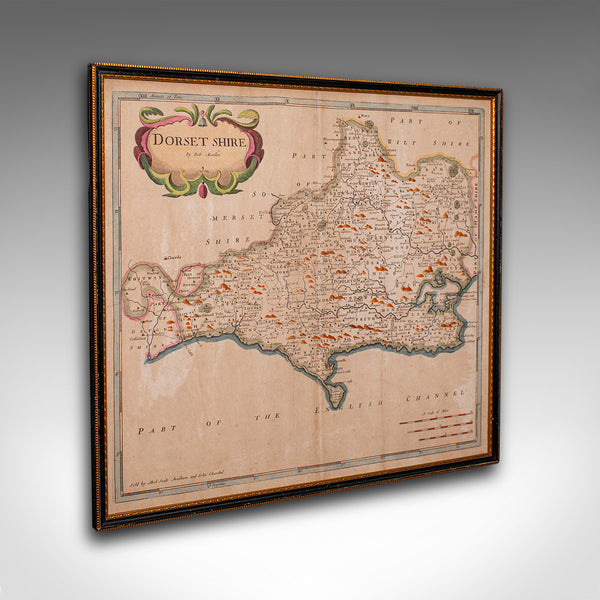 Large Antique 17th Century Dorset Map, Framed Cartography, Atlas, Robert Morden