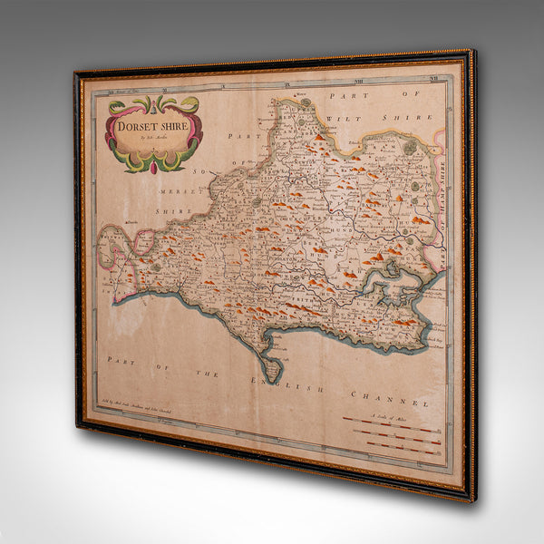 Large Antique 17th Century Dorset Map, Framed Cartography, Atlas, Robert Morden