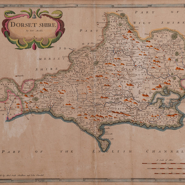 Large Antique 17th Century Dorset Map, Framed Cartography, Atlas, Robert Morden