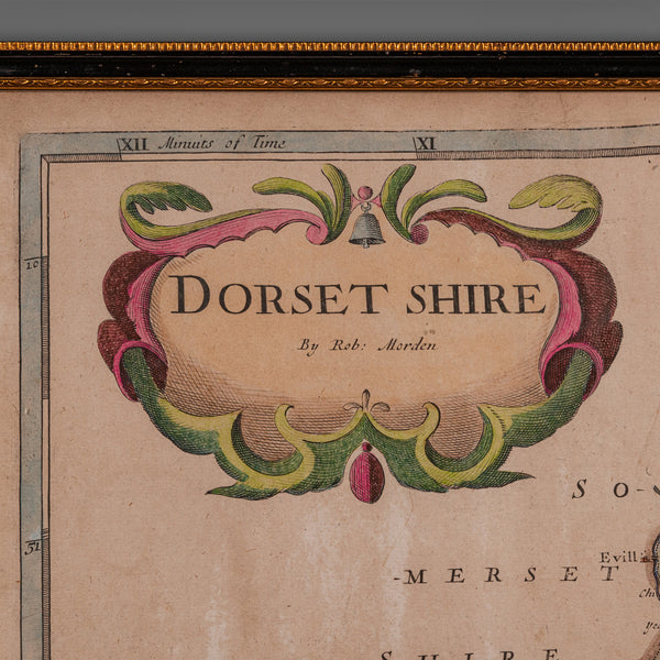Large Antique 17th Century Dorset Map, Framed Cartography, Atlas, Robert Morden