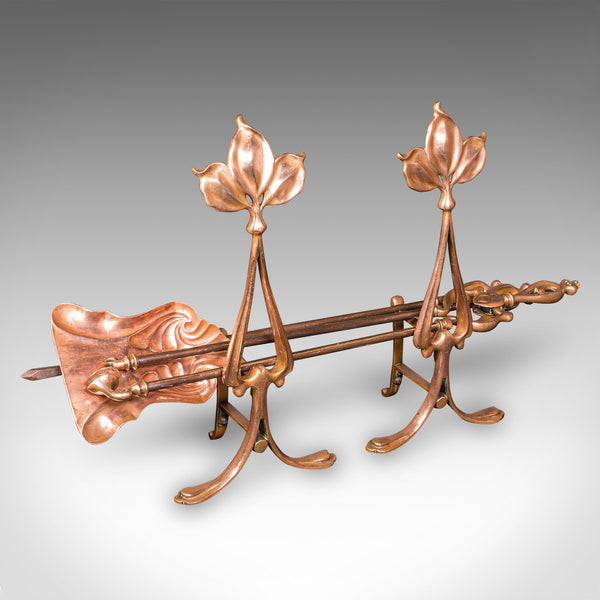 Antique Fireside Companion Set, French Bronze Fire Tools, Art Nouveau, Victorian