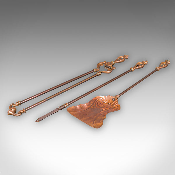 Antique Fireside Companion Set, French Bronze Fire Tools, Art Nouveau, Victorian