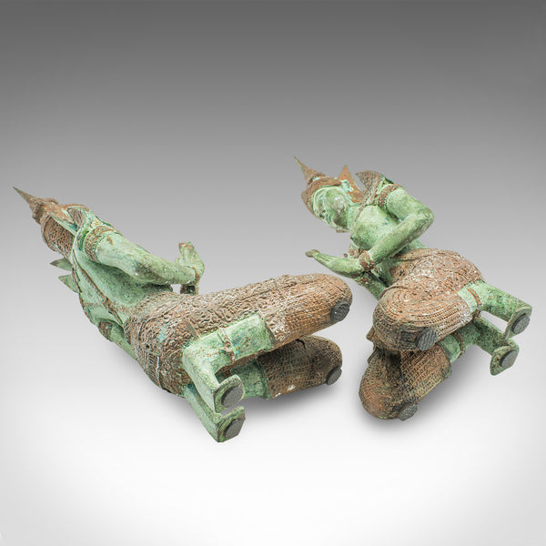 Pair Of Vintage Decorative Prayer Figures, Bronze Thai Deity, Bookends, Art Deco