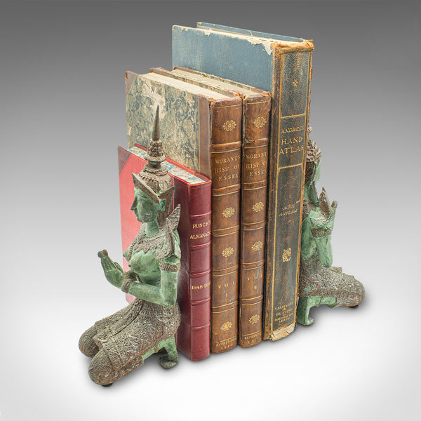 Pair Of Vintage Decorative Prayer Figures, Bronze Thai Deity, Bookends, Art Deco