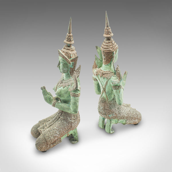 Pair Of Vintage Decorative Prayer Figures, Bronze Thai Deity, Bookends, Art Deco