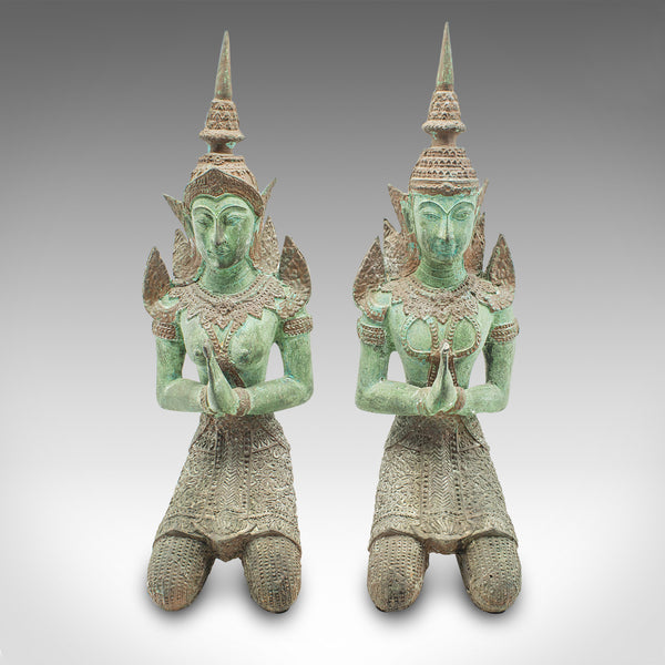 Pair Of Vintage Decorative Prayer Figures, Bronze Thai Deity, Bookends, Art Deco
