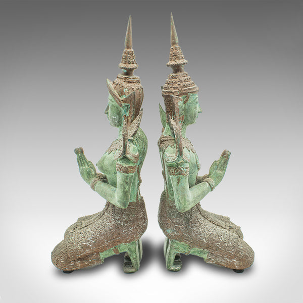 Pair Of Vintage Decorative Prayer Figures, Bronze Thai Deity, Bookends, Art Deco