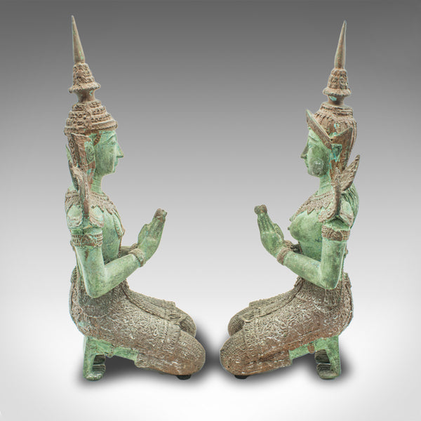 Pair Of Vintage Decorative Prayer Figures, Bronze Thai Deity, Bookends, Art Deco