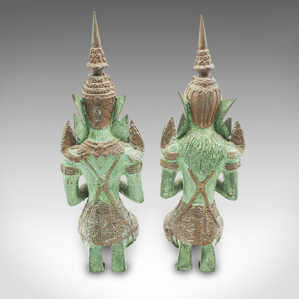 Pair Of Vintage Decorative Prayer Figures, Bronze Thai Deity, Bookends, Art Deco