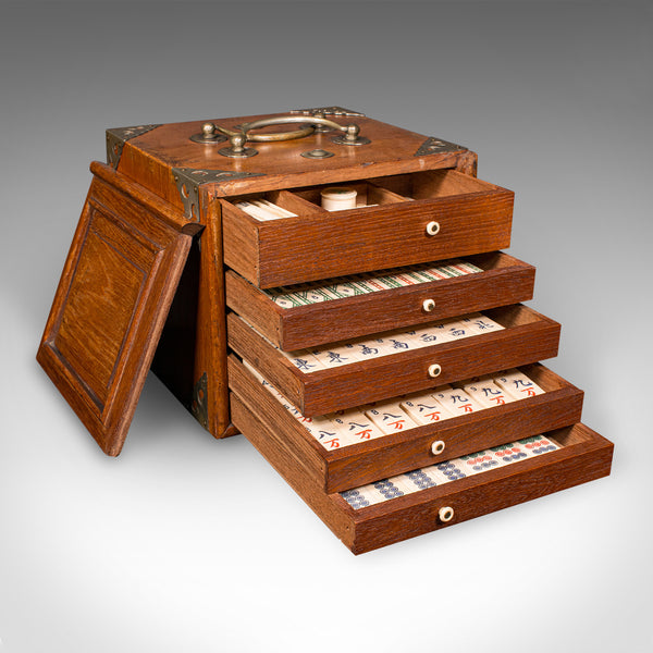 Antique Mahjong Case, Oriental, Teak Gaming Tile Box, Late Victorian, Circa 1900